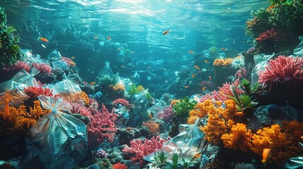 Coral reefs choked by plastic bags, 3D rendering, vivid colors, realistic