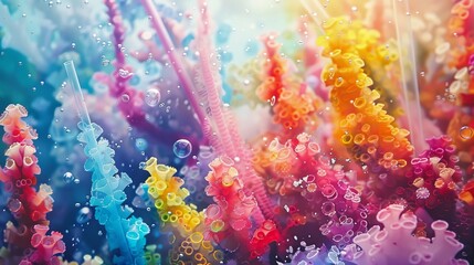 Coral reefs entwined with plastic straws, watercolor, bright colors, dreamy