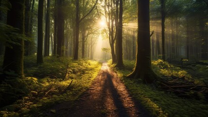 Yellow sunlight streaming through a forest path, highlighting the green foliage and peaceful atmosphere. The bright warming sunlight shine in to the forest through tree create calm atmosphere. AIG35.