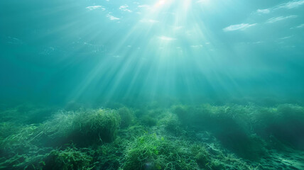 Fototapeta premium Underwater sun rays with green algae quivering at the bottom of the sea. Landscapes photograph