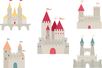 Obraz premium Set of simple flat design grand castles. Castle, fairy tale. medieval buildings fortress fantasy gothic architecture towers for kings and queens. 