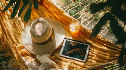 A hammock made from terrestrial plant fibers, under a tree on the beach, with a straw hat, a book, a cell phone, and a glass of orange juice AIG50