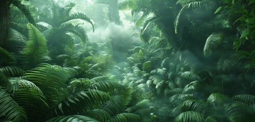 A dense jungle scene with a variety of green hues, featuring large ferns and towering trees enveloped in morning mist. 32k, full ultra hd, high resolution
