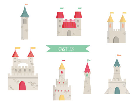 Set of simple flat design small castles. Castle, fairy tale. medieval buildings fortress fantasy gothic architecture towers for kings and queens.