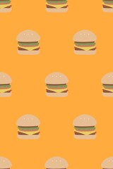 Hamburgers come with a variety of toppings, including cheese, meat, and vegetables, with a pattern on the background.