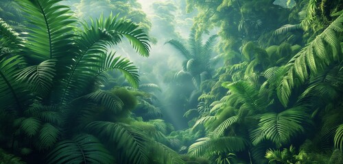 A dense jungle scene with a variety of green hues, featuring large ferns and towering trees...