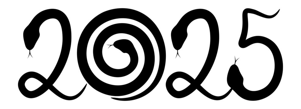 The number 2025 is formed from black silhouettes of coiled snakes, isolated on a transparent background. Symbol of Chinese New Year. Vector illustration