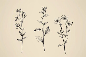 minimalistic botanical graphic sketch, fashionable miniature tattoo design, vector illustration with floral elements.