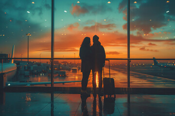 Silhouette of a couple in love near a large window at an airport in a cinematic style. Generated by artificial intelligence
