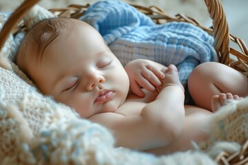 A peaceful image of a sleeping baby in a basket on a bed. Suitable for baby and parenting related projects