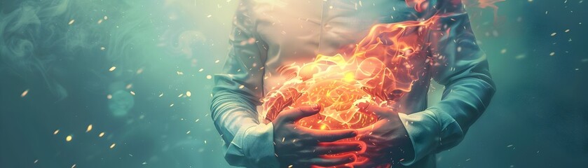 Fototapeta premium Fiery Abdominal Glow Depicting Intense Stomach Pain and Discomfort in Surreal Digital