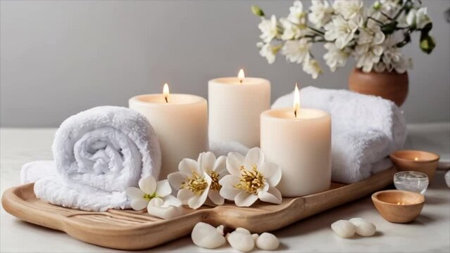 Spa background towel bathroom white luxury concept massage candle bath. Bathroom white wellness spa background towel relax aromatherapy flower accessory zen therapy aroma beauty setting table salt oil