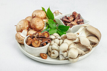 Assortment of various mushrooms - fresh, dried and pickled. Oyster, cremini, porcini and shiitake