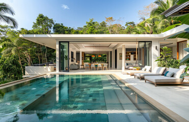 the pool and garden area in front, with a modern minimalist style villa in Phuket Thailand, bright light and colors, white walls and concrete roof, surrounded by lush tropical greenery, creating an el