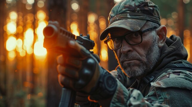 A man in a camouflage hat and glasses is holding a gun