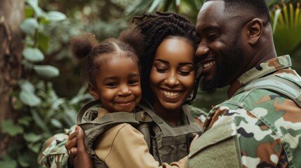 Fototapeta premium A smiling woman and a smiling child are hugging a man in a military uniform