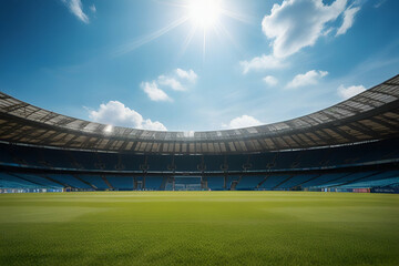 ky blue day sunny stadium pitch football grassy game sport green background nobody grass sunlight outdoors field nature sunshine natural architecture building cloud outside soccer daylight arena