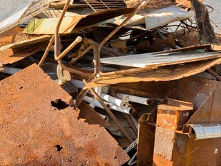 Close-up of a mixed pile of scrap metal. Recycling.