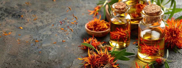 safflower essential oil. Selective focus