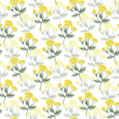 Seamless pattern of branches with tansy flowers and leaves on a white background. Watercolor illustration.