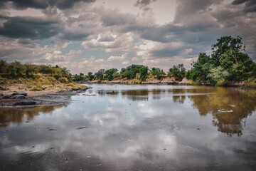 Fototapeta premium Tranquil scene of a body of water with green trees on the shore.