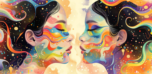 Young woman wearing rainbow makeup to celebrate pride month, two women facing each other