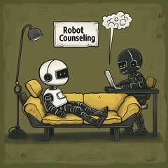 A humorous illustration depicting a robot lying on a couch during a psychological therapy session with another robot acting as the therapist in a professional setting.