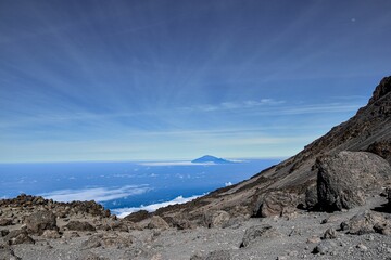 Scenic view from the peak of a majestic mountain, showcasing the beauty of the surrounding landscape