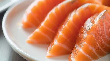 Sashimi salmon with wasabi sauce on a white plate at a Japanese restaurant.