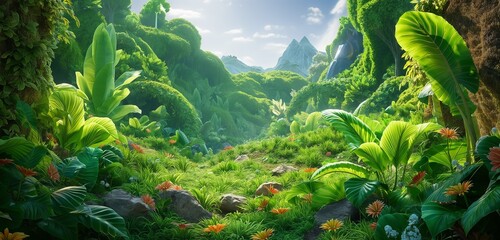 A fantasy valley with oversized, vivid green plants and flowers, creating an otherworldly lush...