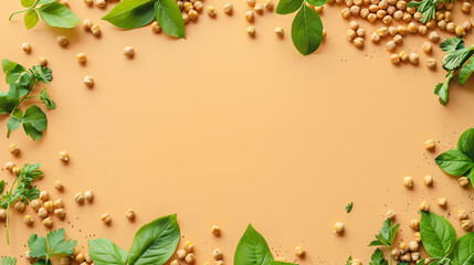 Frame made of raw chickpea on color background