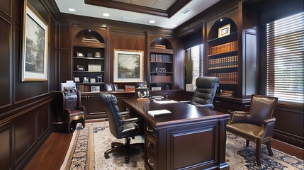 Elegant Corporate Office Workspace with Executive Desk, Leather Chair, and Awards on Wall