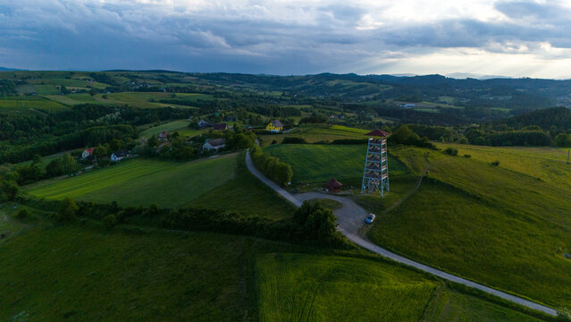 Lookout Tower in Brusnik, near Ciezkowice in Lesser Poland overlooking hills and farmfields