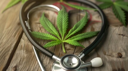 Close-up of a stethoscope forming a heart shape with a cannabis leaf inside, symbolizing cardiology and cannabis