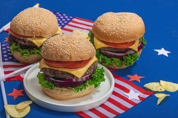 Homemade burgers. An American classic, traditional food for picnic or celebration Independence Day