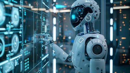 Fototapeta premium Futuristic AI Humanoid Robot in High-Tech Laboratory with Holographic Data Displays and Digital Interfaces