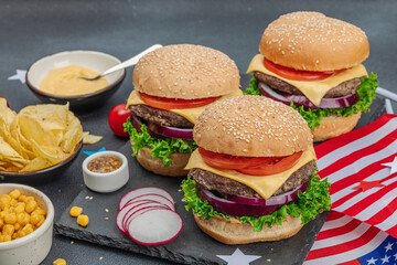 Homemade burgers. An American classic, traditional food for picnic or celebration Independence Day