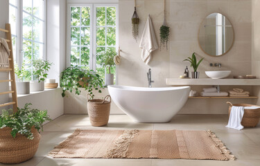 A serene bathroom with plants, bathed in natural light from large windows. A white freestanding tub sits on the right side of the frame, surrounded by a bamboo basket