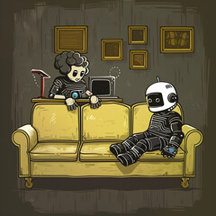 A humorous illustration depicting a robot lying on a couch during a psychological therapy session with another robot acting as the therapist in a professional setting.