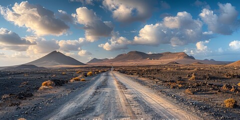 Image related to unexplored road journeys and adventures.Road through the scenic landscape to the destination in Lanzarote natural park illustration