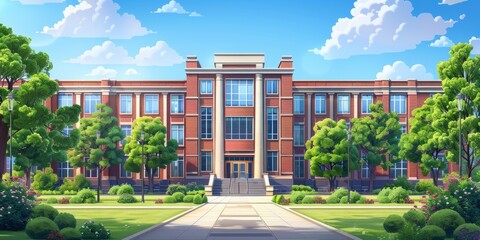 High school building in modern city. cartoon of educational institution brick facade with stairs, door and windows, green lawn, trees and bushes in park, cityscape under blue sky illustration