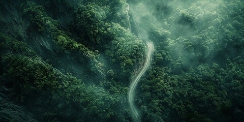Aerial top view, mountaint road in dark green forest,\ illustration