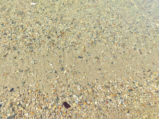 Pebbles in the water. Background, texture. Shallow Riverbed With Colorful Pebbles at Daytime