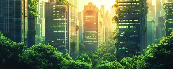 A futuristic utopia where gleaming skyscrapers are adorned with living walls of greenery, their verdant surfaces a testament to the harmonious coexistence of technology and nature.   illustration.