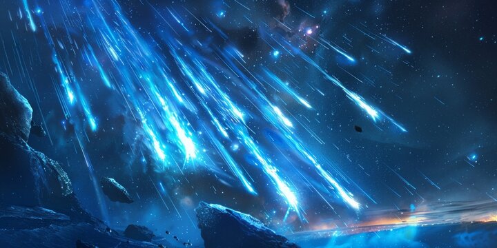 Realistic comets and asteroids, shooting space stars with trails in sky. bolides with blue luminous traces streak across night heaven. Cosmic fireball, meteor, meteorites in galaxy or cosmos