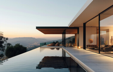 A modern, minimalist pool house with large windows overlooking the valley at sunset.