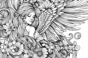 A woman with long hair and wings surrounded by flowers. Suitable for fantasy-themed designs