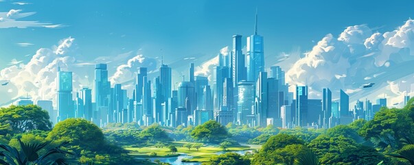 Naklejka premium A futuristic utopia where advanced technology and sustainable living coexist, with gleaming skyscrapers and lush green parks stretching as far as the eye can see. illustration.