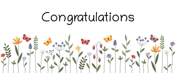 Congratulations - Schriftzug in englischer Sprache - Glückwunsch. Banner mit bunten Blumen und Schmetterlingen.