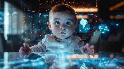 Digital hologram of a newborn baby featured in a tech-focused business meeting